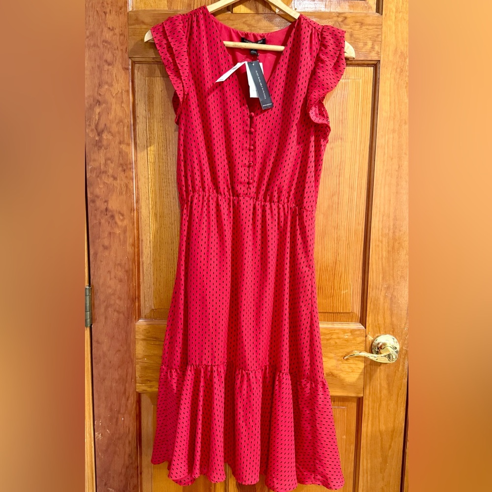 Banana Republic Womens Red w Black Polkadot Ruffle Dress Flutter Sleeve Size 4